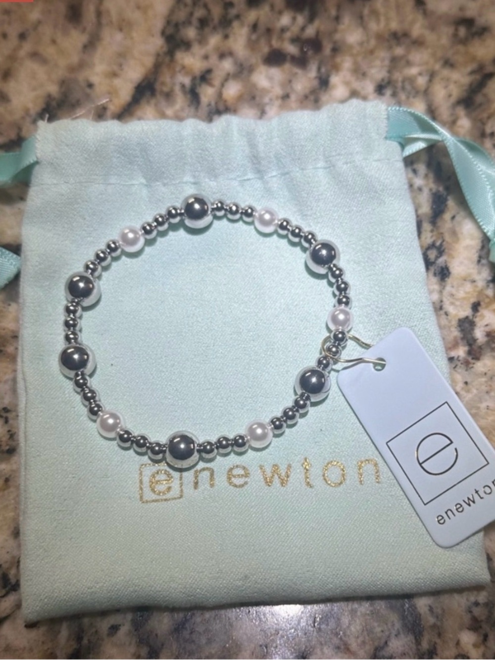 Newton Silver Bead and White Pearl Stretch Bracelet